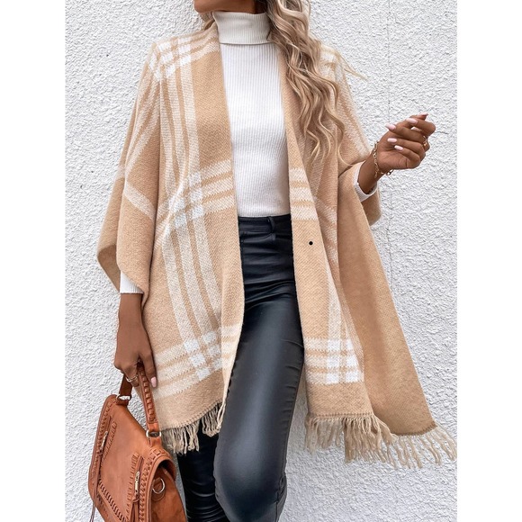 Plaid Batwing Sleeve Fringe Trim Duster Cardigan poncho black white - Picture 4 of 5